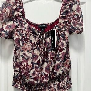 A. Byer Burgundy and Pink Floral Blouse